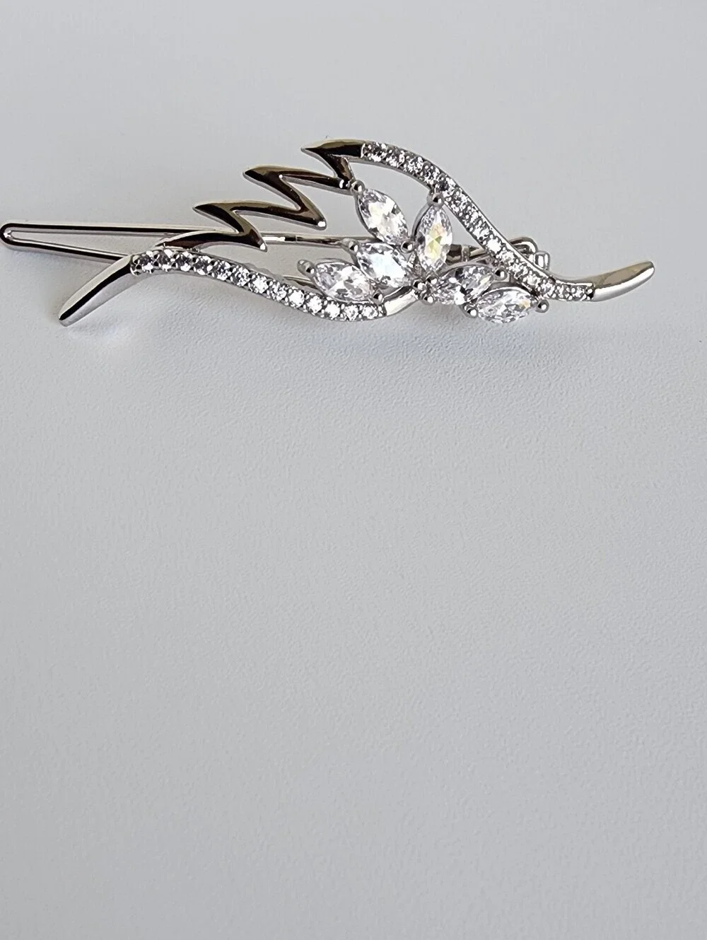 Silver Plated Crystal Leaf Hair Barrette Rhinestone French Hair Clip